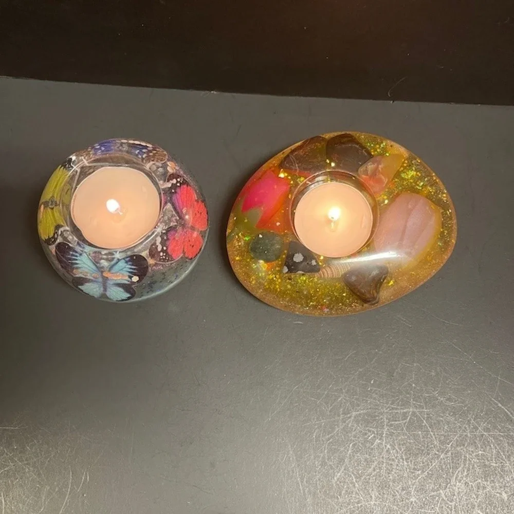 Two Handcrafted Tea Light Candle Holders‎ Butterflies Flowers Shells